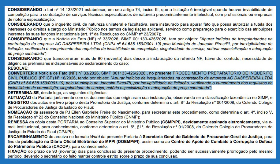 Ministério Público investiga contratação de empresa sem licitação pela Prefeitura de Joaquim Pires